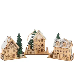 Clearance Pre-Lit Wooden House Christmas Ornaments, Set of 3 Christmas Ornaments