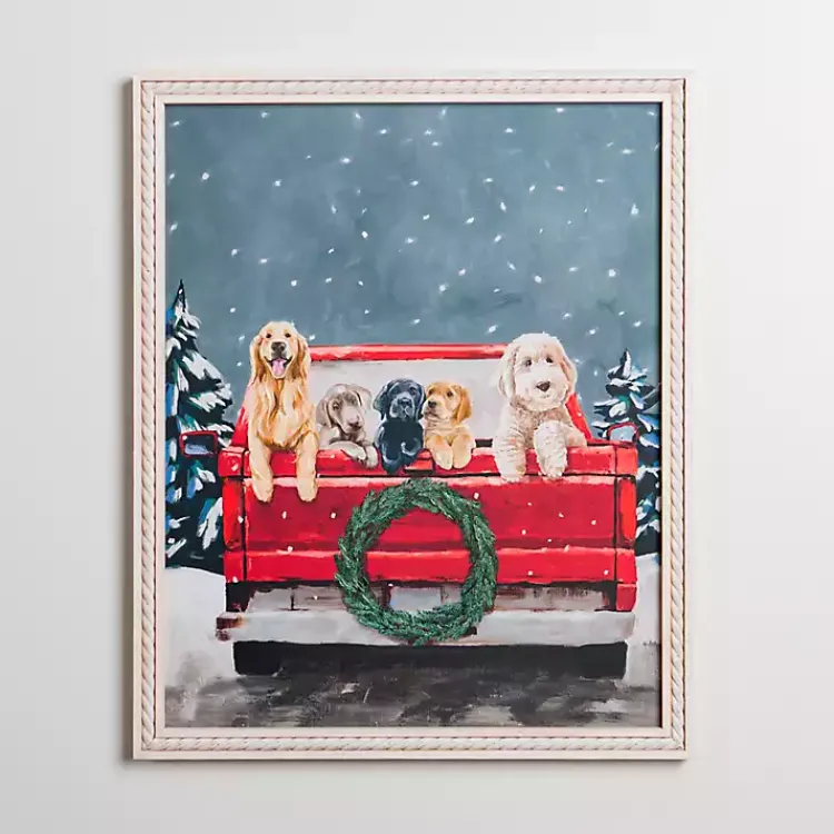 Sale Puppies in Red Truck Christmas Canvas Art Print Christmas Art & Wall Decor