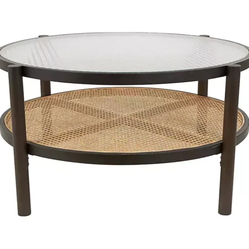 Kirklands Home Coffee Tables|Rattan and Glass 2-Tier Coffee Table