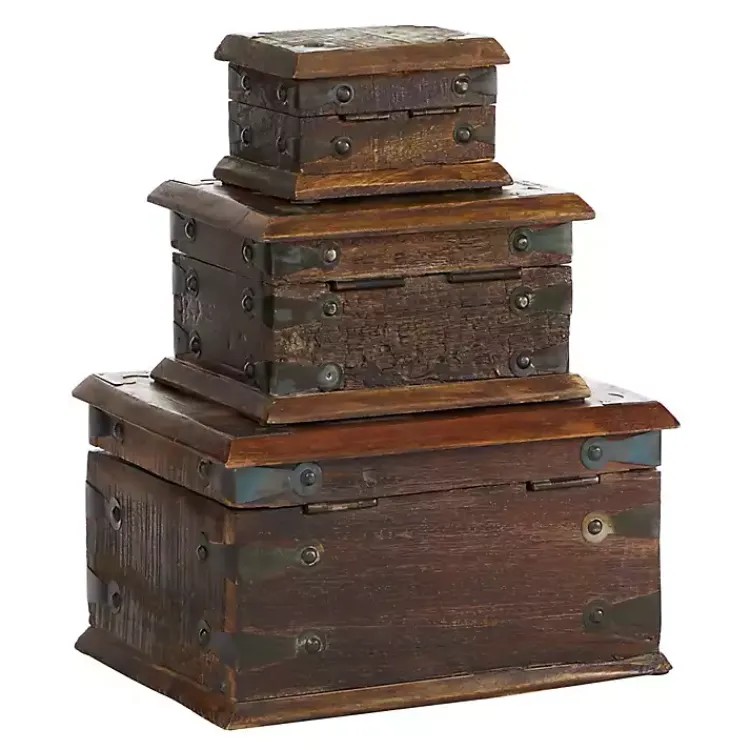 Clearance Reclaimed Wood Antique Box Set, Set of 3 Baskets & Boxes