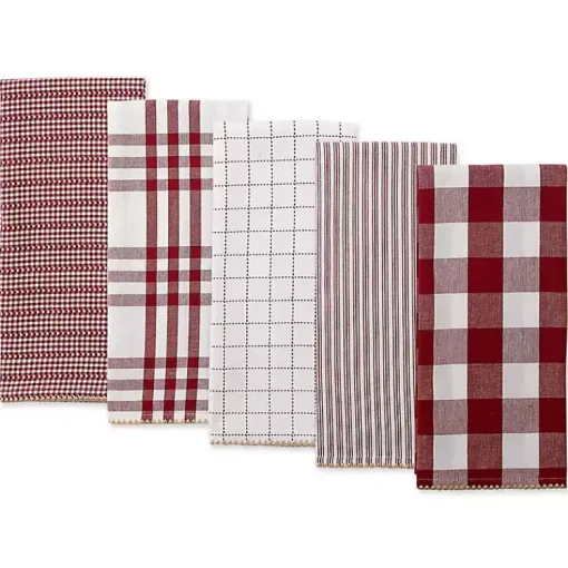 Kirklands Home Kitchen Accessories|Red & White Woven Patterns 5-pc. Dish Towel Set