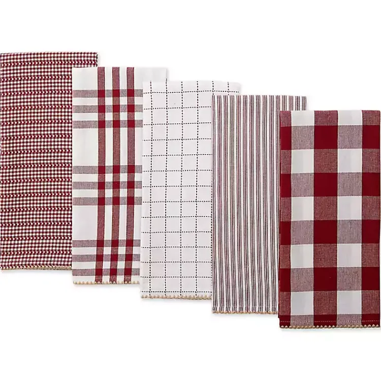 Kirklands Home Kitchen Accessories|Red & White Woven Patterns 5-pc. Dish Towel Set