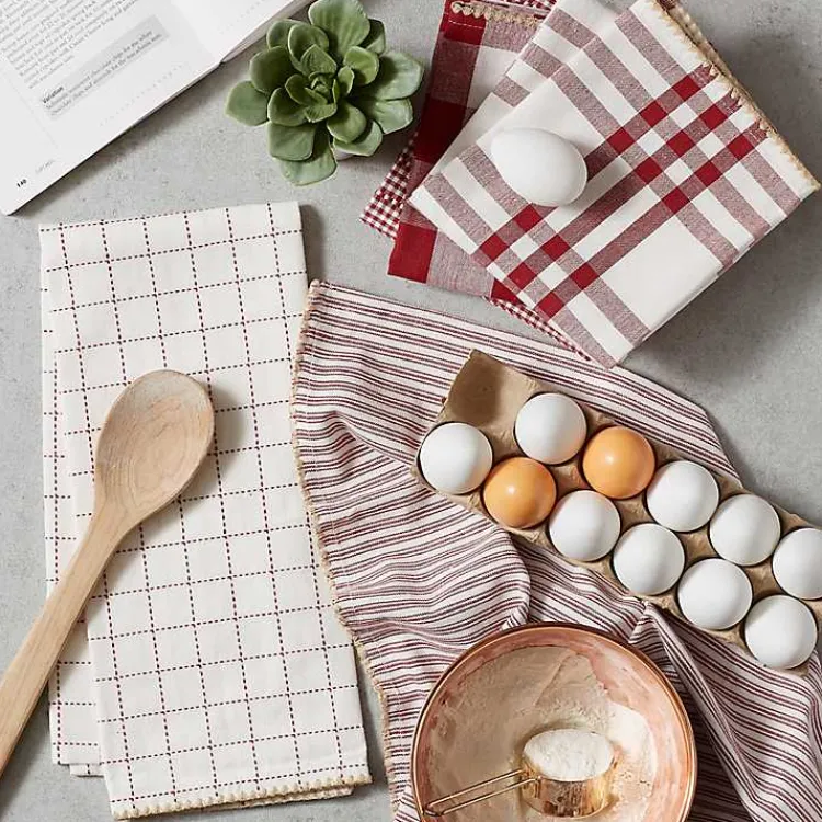Kirklands Home Kitchen Accessories|Red & White Woven Patterns 5-pc. Dish Towel Set