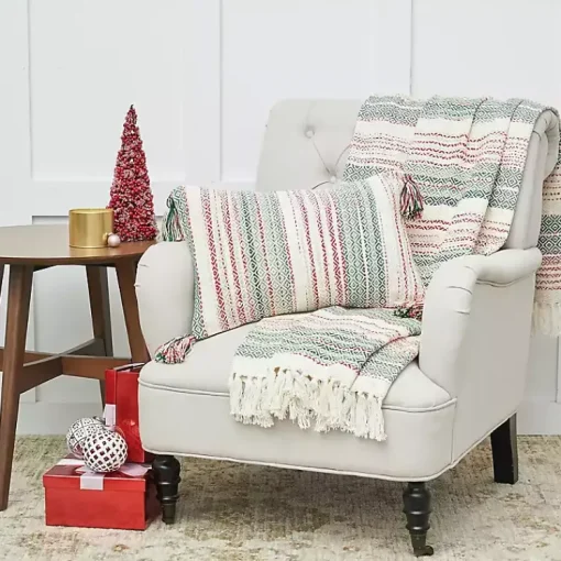 Clearance Red and Green Striped Christmas Lumbar Pillow Christmas Pillows