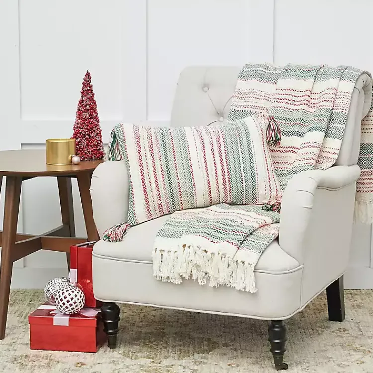 Clearance Red and Green Striped Christmas Lumbar Pillow Christmas Pillows