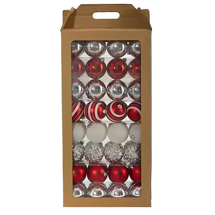 New Red and Silver Shatterproof Ornaments, Set of 64 Christmas Ornaments