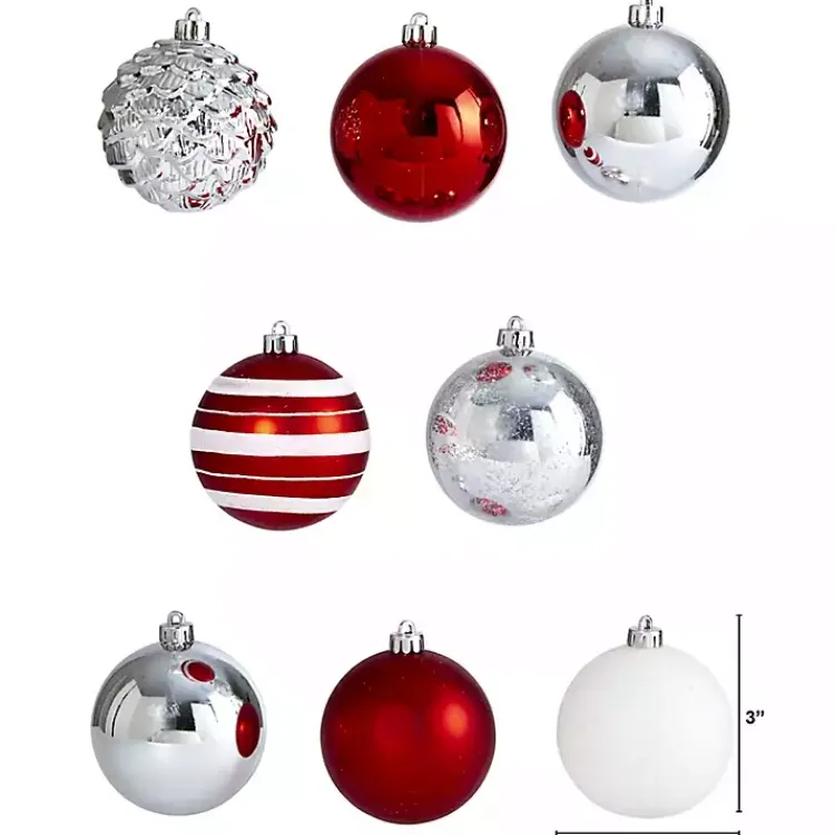 New Red and Silver Shatterproof Ornaments, Set of 64 Christmas Ornaments