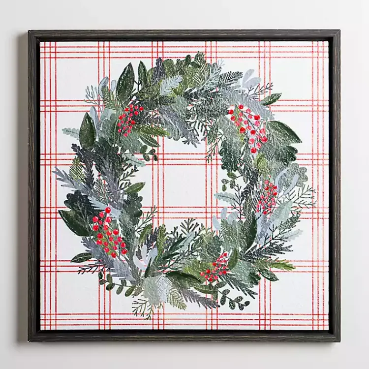 New Red Berry Wreath and Windowpane Canvas Art Print Christmas Art & Wall Decor