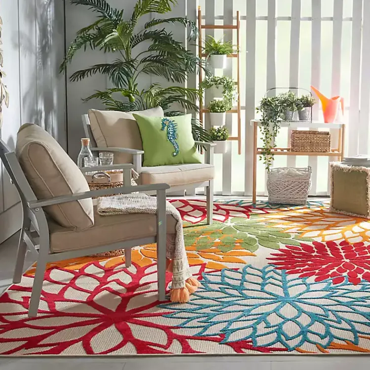 Kirklands Home Outdoor Rugs|Red Bright Floral Burst Outdoor Area Rug, 7x10