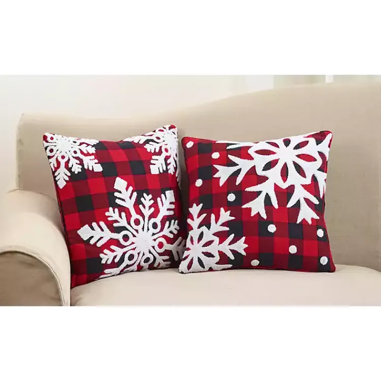 Hot Red Buffalo Check Snowy Snowflake Christmas Pillow Pillows
