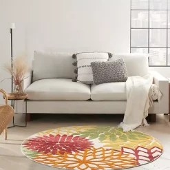 Kirklands Home Outdoor Rugs|Red Floral Burst Outdoor Round Area Rug, 5 ft.