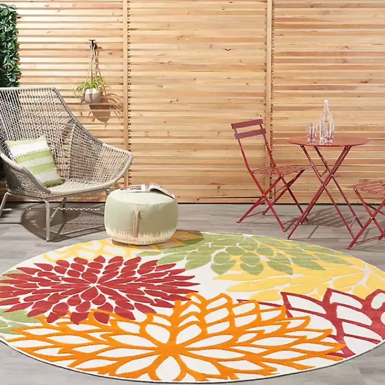 Kirklands Home Outdoor Rugs|Red Floral Burst Outdoor Round Area Rug, 7 ft.