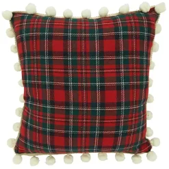 Hot Red Plaid and Pom Pom Pillow Pillows