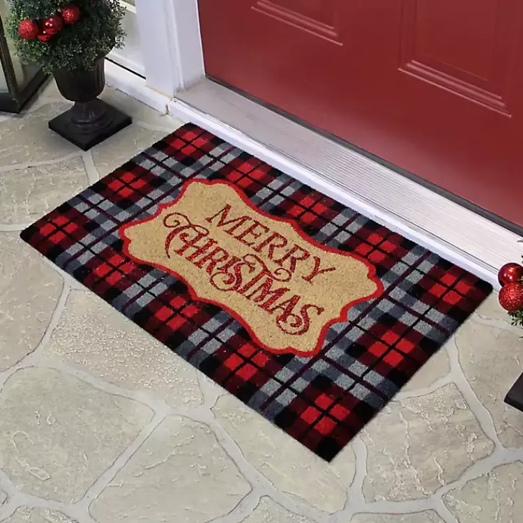 Discount Red Plaid Merry Christmas Doormat Outdoor Christmas Decorations