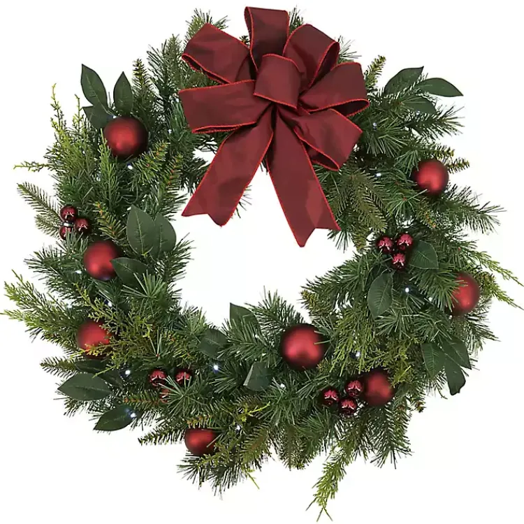 New Red Velvet Ribbon and Ornaments Pre-Lit Wreath Wreaths