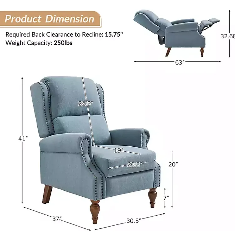Kirklands Home Accent Chairs|Rosalie Upholstered Manual Recliner Blue