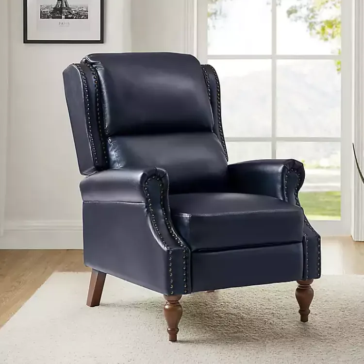 Kirklands Home Accent Chairs|Rosalie Navy Faux Leather Manual Recliner Blue