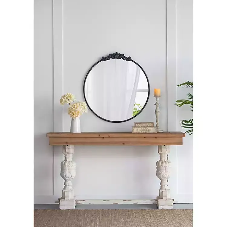 Kirklands Home Decorative Mirrors|Round Antique Floral Scroll Mirror, 39 in. Black