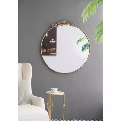 Kirklands Home Decorative Mirrors|Round Antique Floral Scroll Mirror, 39 in. Gold