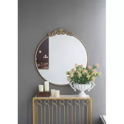Kirklands Home Decorative Mirrors|Round Antique Floral Scroll Mirror, 39 in. Gold