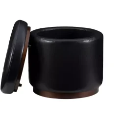Kirklands Home Benches & Ottomans|Round Faux Leather Storage Ottoman Black