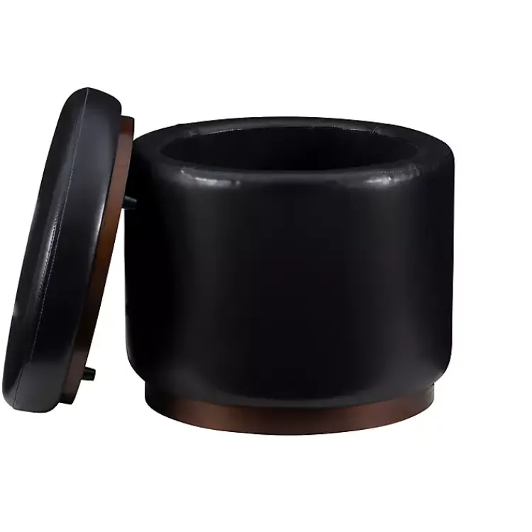 Kirklands Home Benches & Ottomans|Round Faux Leather Storage Ottoman Black