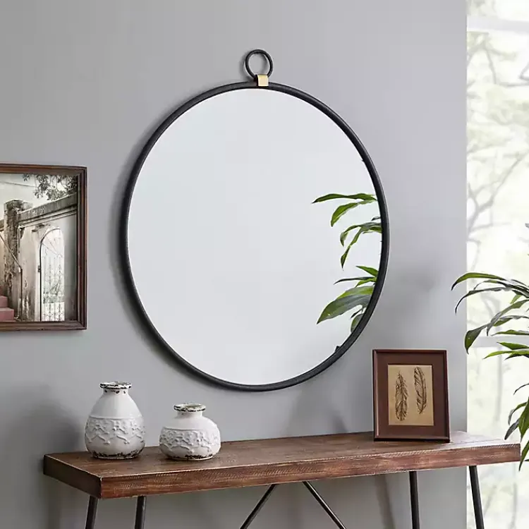 Kirklands Home Decorative Mirrors|Round Metal Mirror with Ring Black