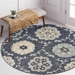 Kirklands Home Area Rugs|Round Geometric Floral Area Rug, 4x4 Blue
