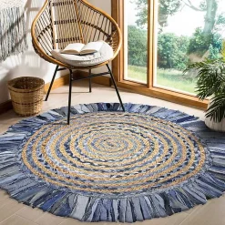 Kirklands Home Area Rugs|Round Braided Jute and Denim Swirl Area Rug, 3x3