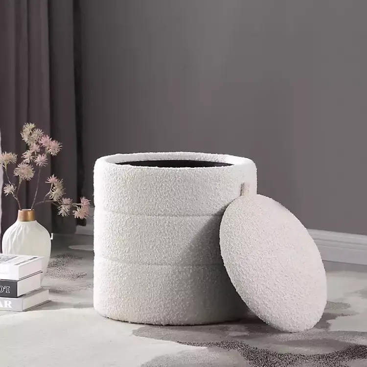 Kirklands Home Benches & Ottomans|Round Cream Boucle Storage Ottoman Ivory