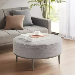 Kirklands Home Benches & Ottomans|Round Upholstered Ottoman Gray
