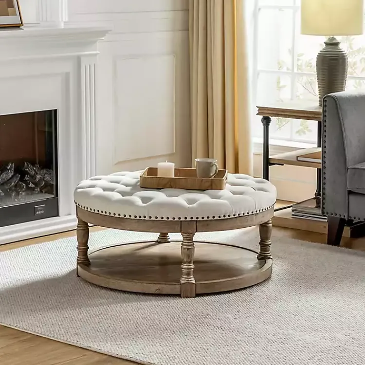 Kirklands Home Benches & Ottomans|Round Cepheus Tufted Ottoman Ivory