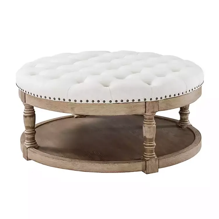 Kirklands Home Benches & Ottomans|Round Cepheus Tufted Ottoman Ivory