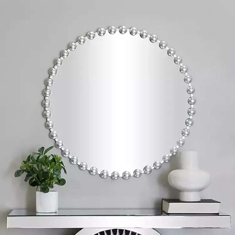 Kirklands Home Decorative Mirrors|Round Silver Beaded Wall Mirror