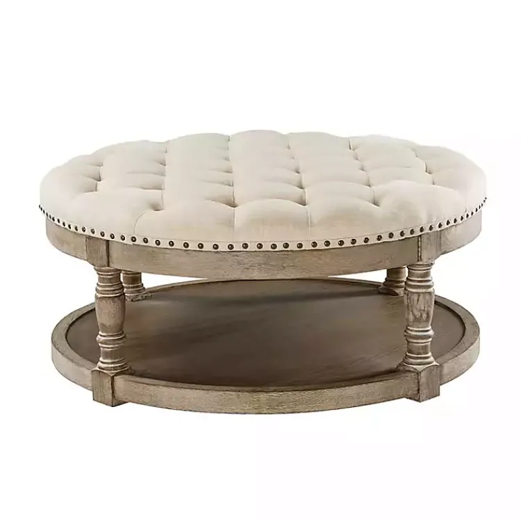 Kirklands Home Benches & Ottomans|Round Cepheus Tufted Ottoman Tan