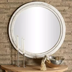 Kirklands Home Decorative Mirrors|Round Whitewash Beaded Wall Mirror
