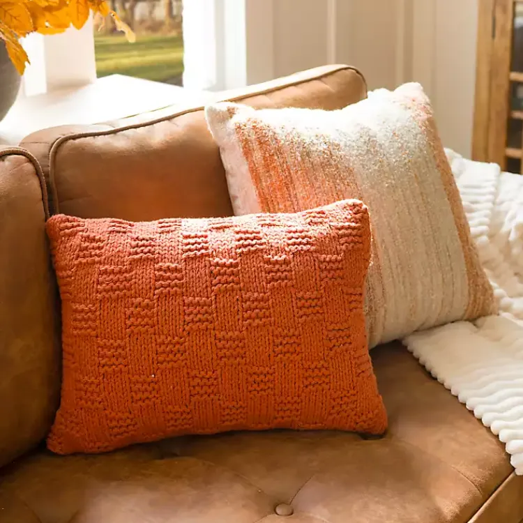 Online Rust Knit Checkerboard Lumbar Pillow Pillows