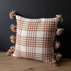 Kirklands Home Outdoor Cushions & Pillows|Rust Plaid Tassel Indoor/Outdoor Pillow