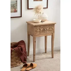 Kirklands Home Accent & End Tables|Rustic Ornate Carved Wood Accent Table Brown