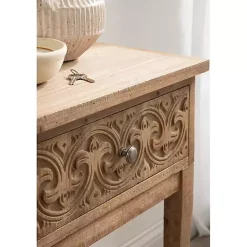 Kirklands Home Accent & End Tables|Rustic Ornate Carved Wood Accent Table Brown