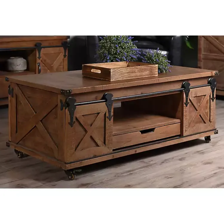 Kirklands Home Coffee Tables|Rustic Fir Wood Rolling Barn Door Coffee Table Tan