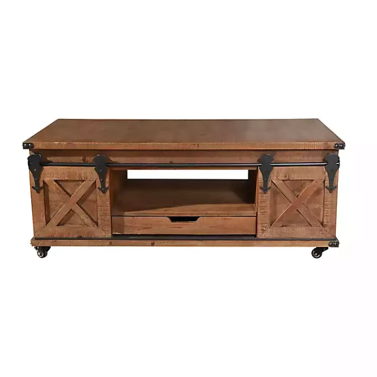 Kirklands Home Coffee Tables|Rustic Fir Wood Rolling Barn Door Coffee Table Tan