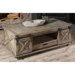 Kirklands Home Coffee Tables|Rustic Wood Rolling Barn Door Coffee Table Gray