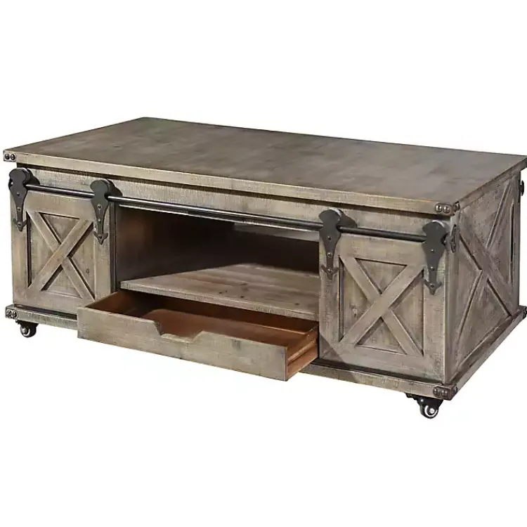 Kirklands Home Coffee Tables|Rustic Wood Rolling Barn Door Coffee Table Gray