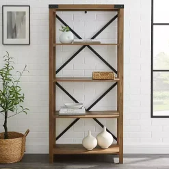 Kirklands Home Office Furniture|Rustic Oak Metal X Frame Back Bookshelf Brown