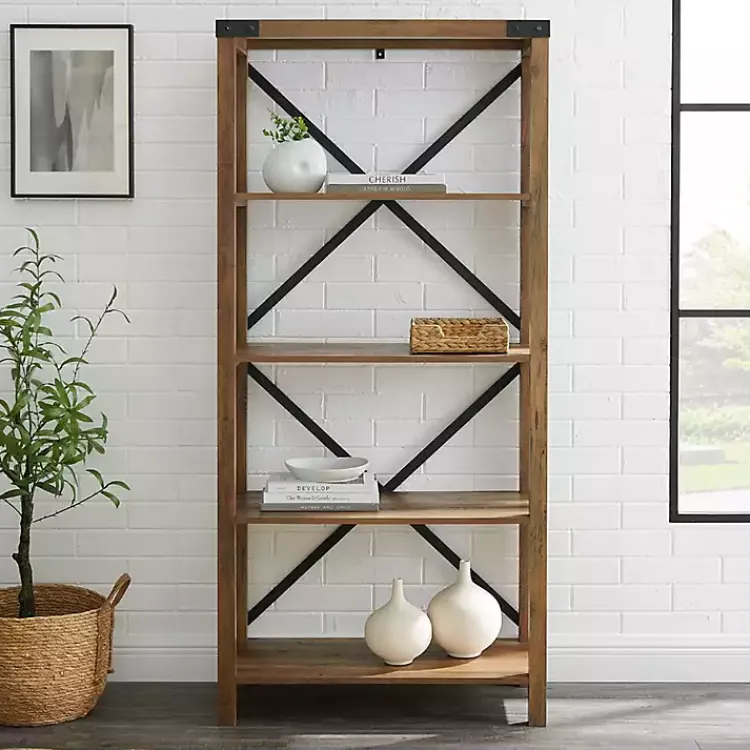 Kirklands Home Office Furniture|Rustic Oak Metal X Frame Back Bookshelf Brown