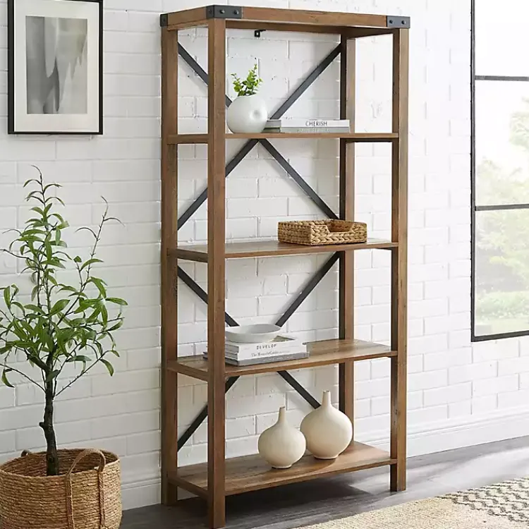 Kirklands Home Office Furniture|Rustic Oak Metal X Frame Back Bookshelf Brown