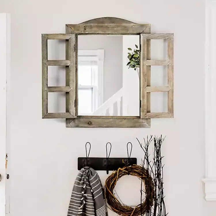 Kirklands Home Decorative Mirrors|Rustic Wooden Dual Window Shutter Wall Mirror