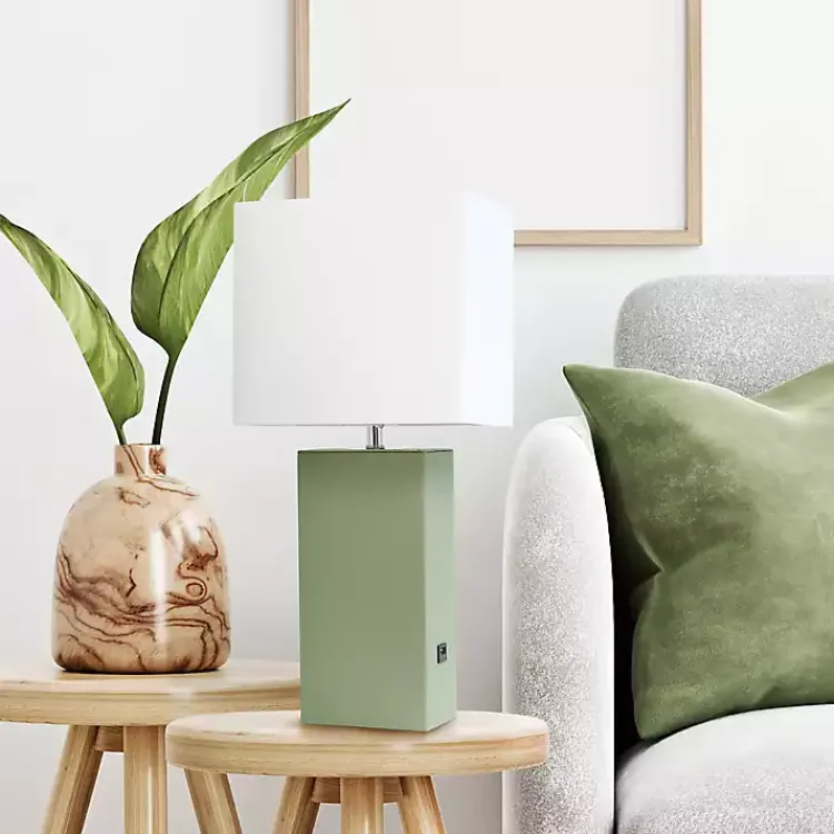 Kirklands Home Table Lamps|Sage Leather Charging Table Lamp Green