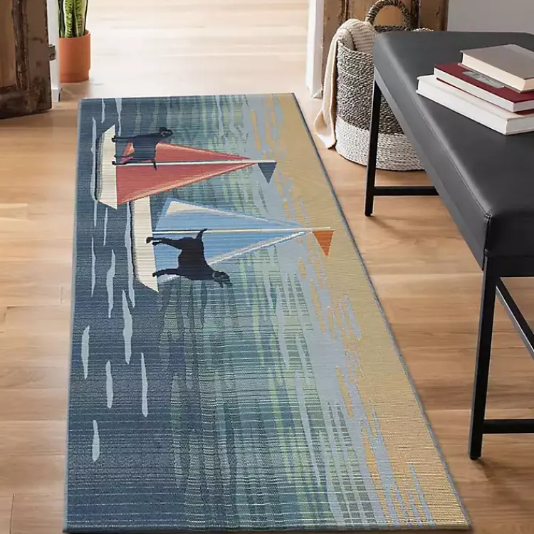Kirklands Home Outdoor Rugs|Sailboat Dogs Indoor/Outdoor Runner, 1x4 Blue
